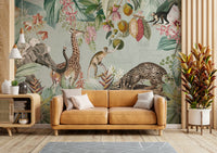 Vintage-inspired tropical mural with lush jungle flora and fauna

