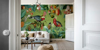 Vintage-inspired mural featuring tropical wildlife and plants

