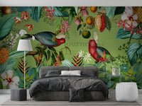 Wall mural with tropical wildlife and vibrant vintage style

