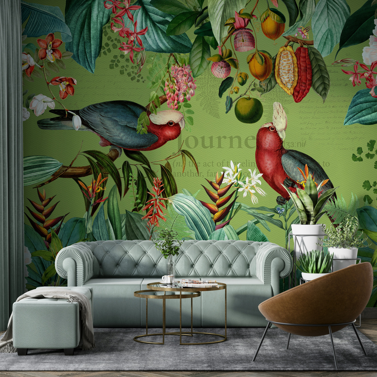 Tropical Vintage Wildlife Journey wall mural with lush greenery

