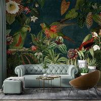 Vintage-inspired mural featuring vibrant tropical flowers and plants

