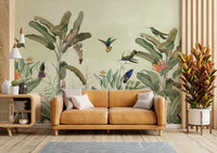 Tropical jungle wallpaper mural with rich foliage and animals

