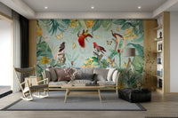 Colorful mural wallpaper with exotic birds

