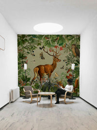 Soft tree and animal mural wallpaper


