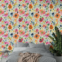 Retro floral wallpaper featuring oversized orange and yellow poppies.

