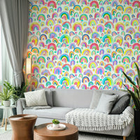Rainbow-themed wallpaper perfect for kids’ rooms or art spaces.

