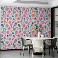 Wallpaper featuring marine shell illustrations in pastel tones.


