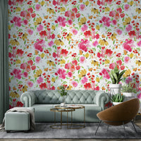 Nature-inspired floral wallpaper with cheerful pink and yellow flowers.

