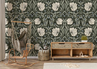 Intricate William Morris wallpaper in earthy tones

