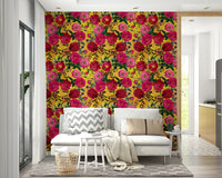 Bold floral wallpaper with large roses in vivid shades of red and pink.

