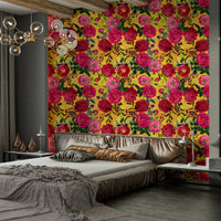 Vintage-inspired wallpaper mural with vibrant roses and intricate details.

