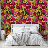 Classic floral wallpaper with bold roses and intricate vintage patterns.

