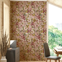 Vintage-inspired wallpaper mural with detailed botanical flowers and soft tones.

