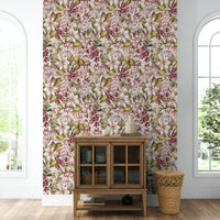 Elegant botanical wallpaper mural with soft flowers and vintage details.

