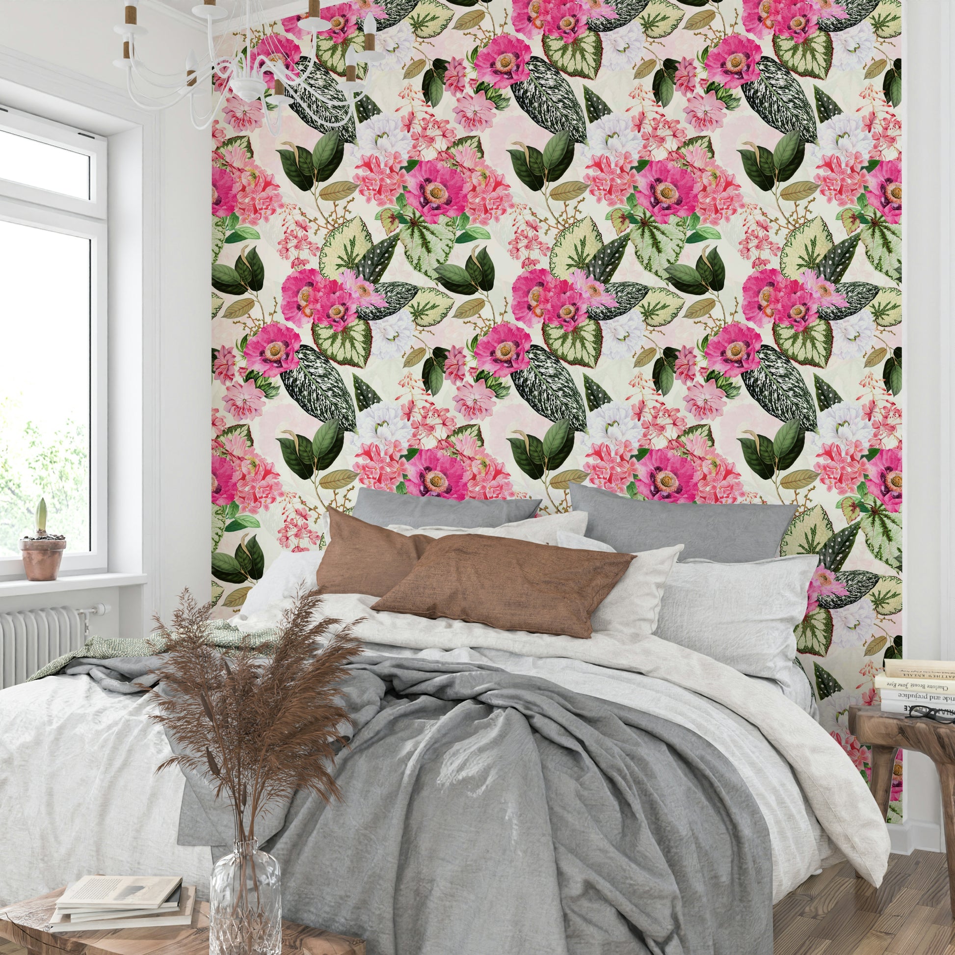 Serene botanical wallpaper bringing nature’s beauty indoors

