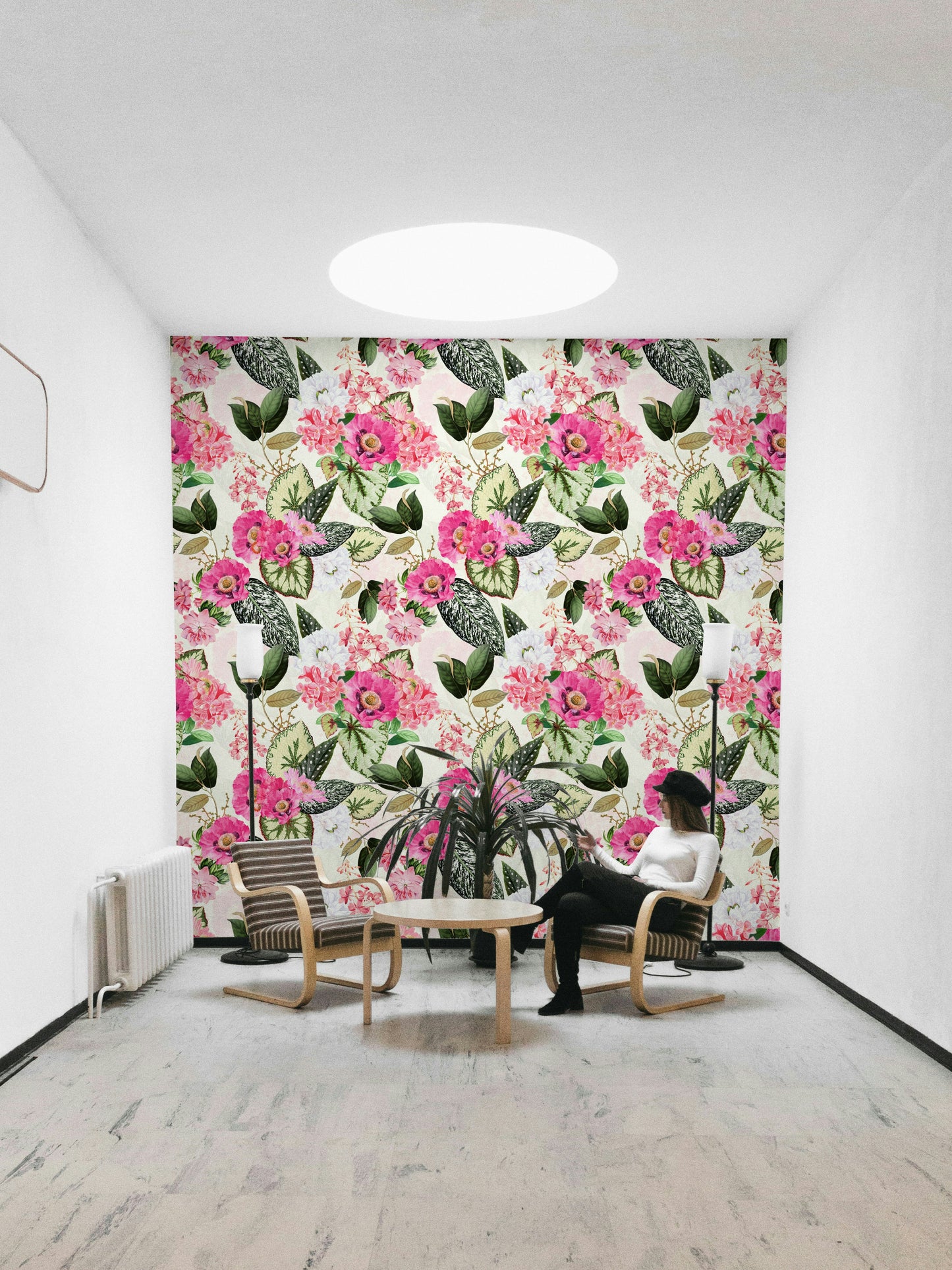 Detailed botanical wallpaper with lush foliage and floral accents

