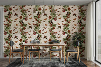 Tropical-inspired wallpaper with bright flowers and wildlife accents

