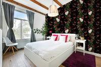 Deep colors and tropical foliage in Exotic Nights wallpaper design

