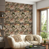 Exotic jungle wallpaper with lush greenery and wild animals

