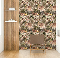 Bold and colorful wallpaper with jungle flora and fauna details

