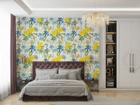 Floral wallpaper design featuring lush irises and roses

