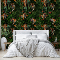 Tropical wallpaper with a tiger design and lush botanical accents


