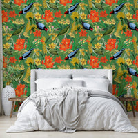 Elegant botanical wallpaper with floral motifs and bird accents

