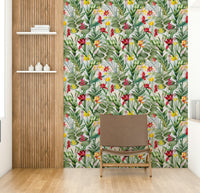 Bold floral wallpaper with dynamic flowers and fresh greenery

