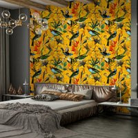 Close-up of Golden Hour Aviary mural with delicate birds and warm tones.

