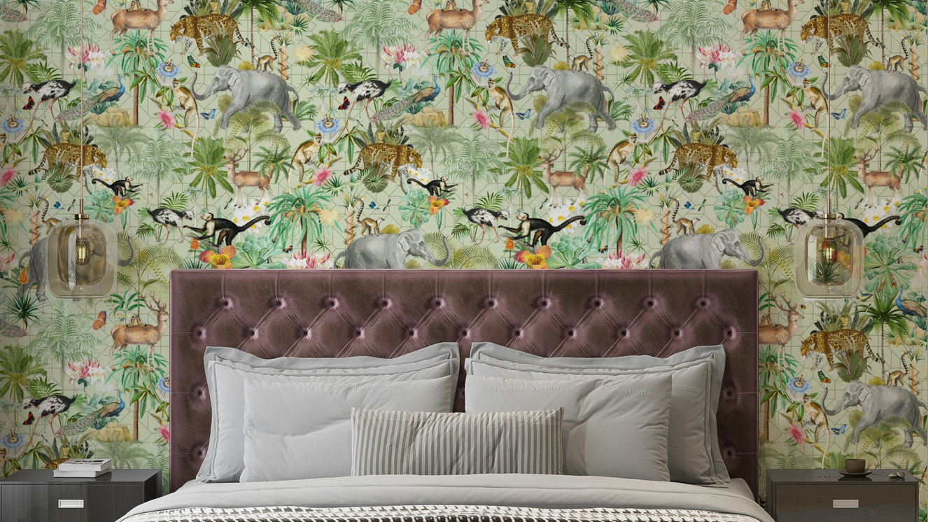 Jungle Opulence Wallpaper featuring vibrant foliage and exotic blooms.

