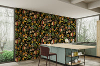 Bold tropical wallpaper with exotic flowers and detailed leaves.

