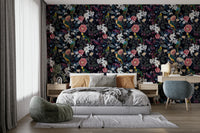 Midnight Garden Rhapsody wallpaper mural with dramatic dark floral elements.

