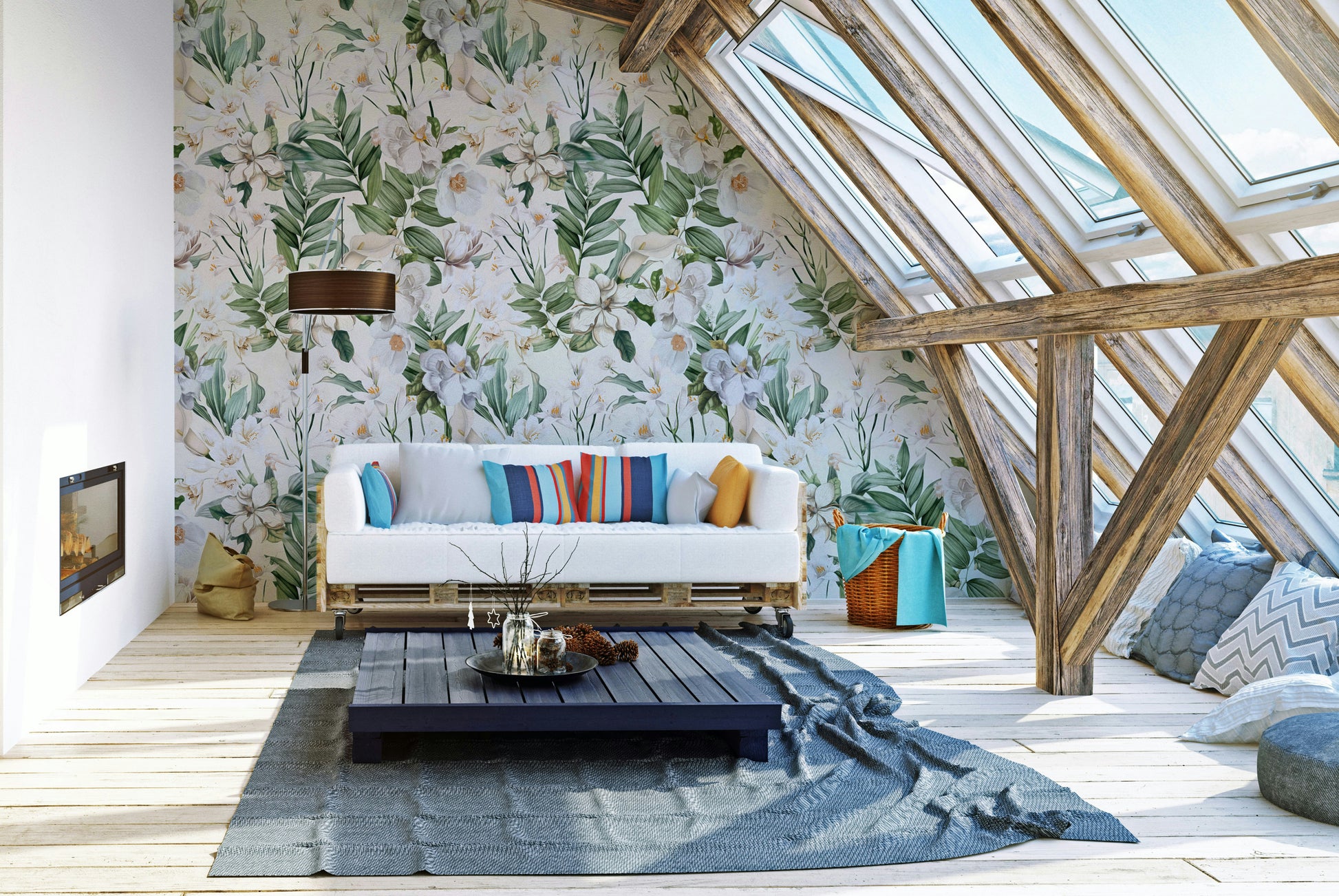 Soft floral wallpaper mural with light white blooms and pastel accents.

