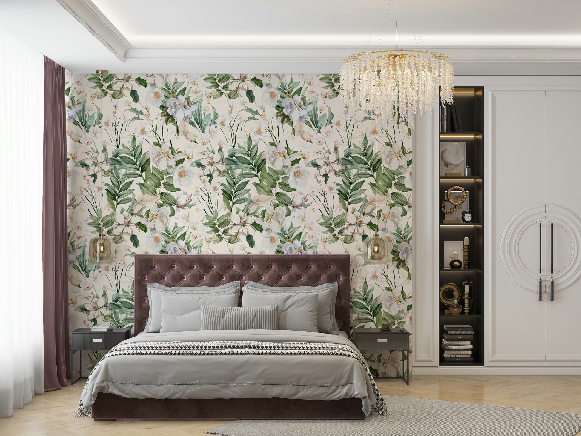 Whimsical white wallpaper featuring gentle blooms and leaves.

