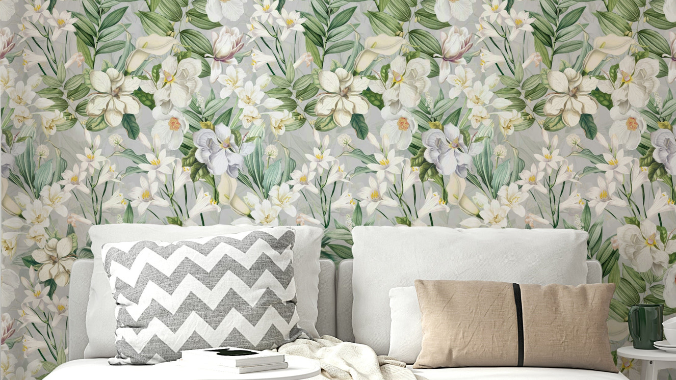 Close-up of Serene Botanical Bloom wall mural featuring delicate flowers.

