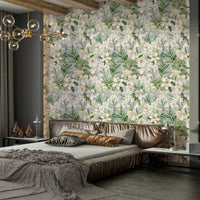 Serene Botanical Bloom Wallpaper with soft floral designs and greenery.

