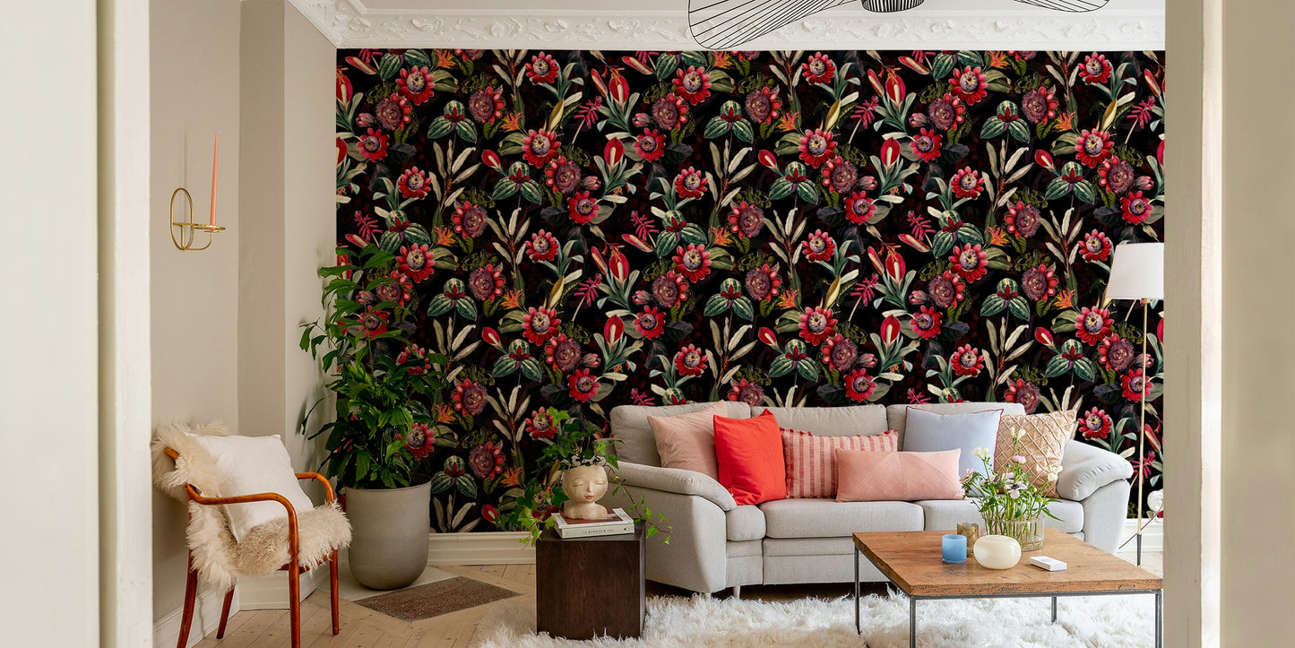 Floral wall mural with deep blooms and dark backdrop.

