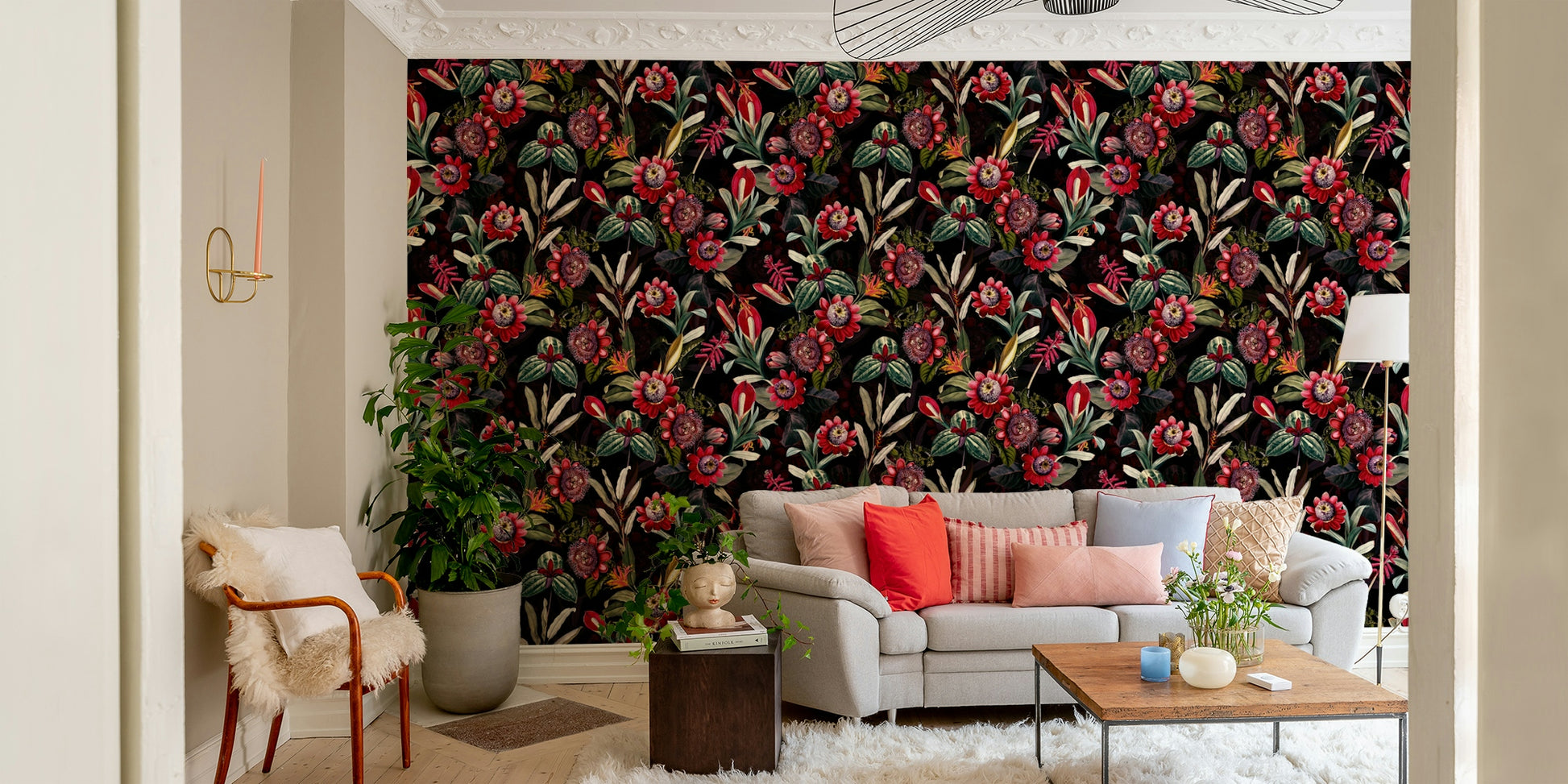 Floral wall mural with deep blooms and dark backdrop.


