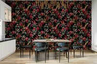 Bold floral wallpaper mural with deep colors and lush greenery.

