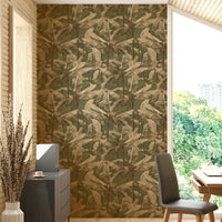 Nature-inspired wallpaper mural with florals and greenery.

