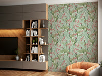 Vibrant tropical wallpaper with exotic florals and greenery.

