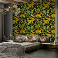 Wallpaper with lively monkeys and vivid tropical flowers in a jungle setting.

