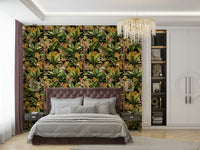 Golden jungle design with exotic wildlife and lush botanical elements.

