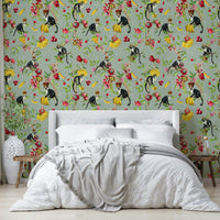 Detailed floral mural with tropical leaves and graceful butterflies.

