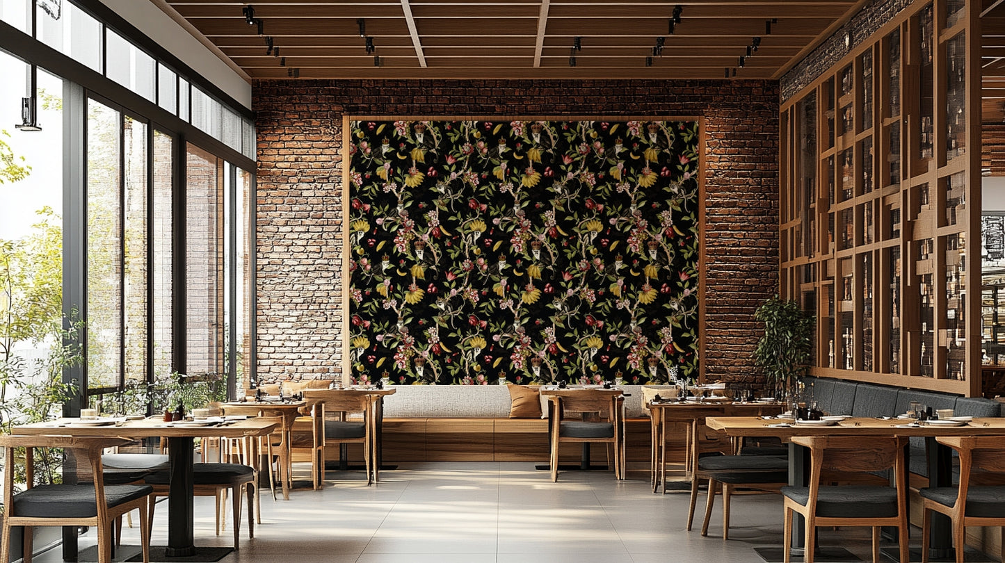 Exotic wildlife wallpaper with monkeys, flowers, and lush jungle details.

