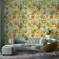Jungle-inspired wallpaper with primates, vibrant flowers, and exotic leaves.

