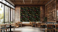 Lush jungle mural with vibrant plants and deep blue backdrop.

