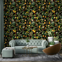 Jungle wallpaper with monkeys interacting with colorful flowers and leaves.

