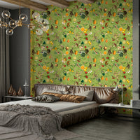 Wallpaper with playful primates and lush tropical foliage.

