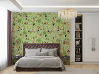 Jungle-inspired mural with monkeys, papayas, and bright foliage.

